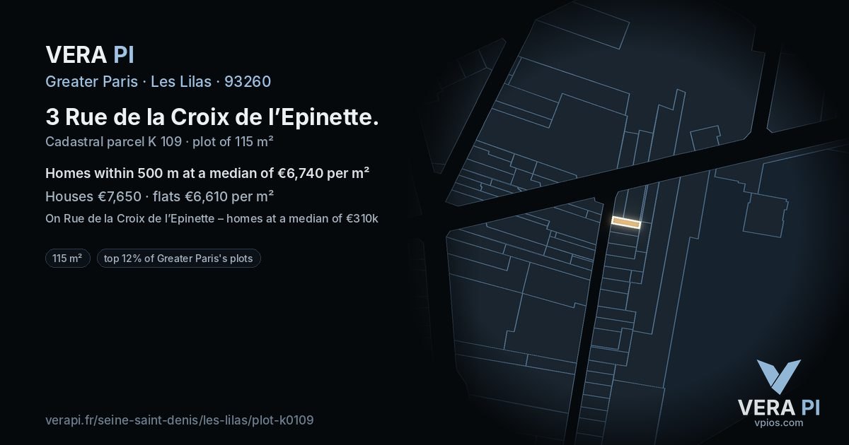 3 Rue de la Croix de l’Epinette, Les Lilas at night – the plot lit, the parcels around coloured by the prices near them