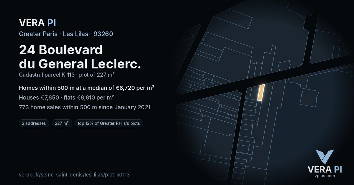 24 Boulevard du General Leclerc, Les Lilas at night – the plot lit, the parcels around coloured by the prices near them