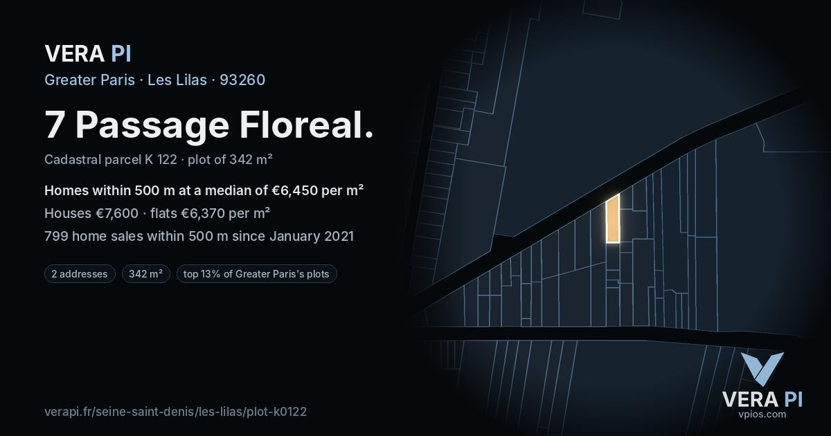 7 Passage Floreal, Les Lilas at night – the plot lit, the parcels around coloured by the prices near them
