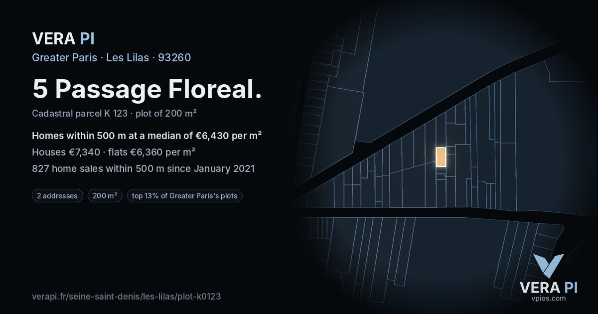 5 Passage Floreal, Les Lilas at night – the plot lit, the parcels around coloured by the prices near them
