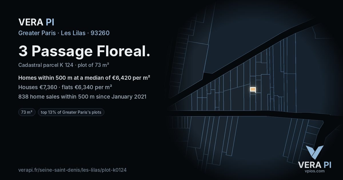 3 Passage Floreal, Les Lilas at night – the plot lit, the parcels around coloured by the prices near them