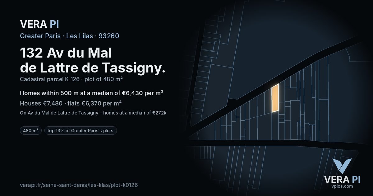 132 Av du Mal de Lattre de Tassigny, Les Lilas at night – the plot lit, the parcels around coloured by the prices near them
