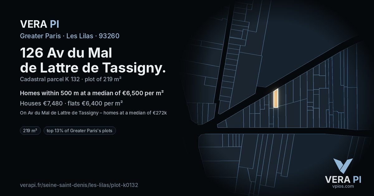 126 Av du Mal de Lattre de Tassigny, Les Lilas at night – the plot lit, the parcels around coloured by the prices near them