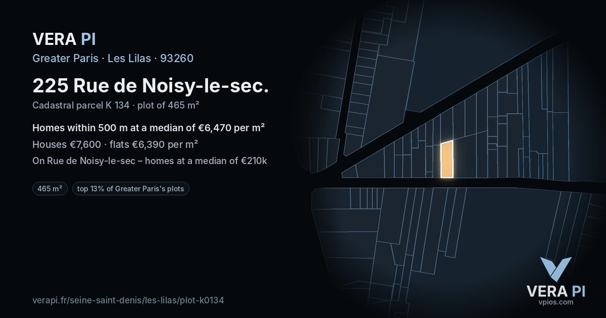 225 Rue de Noisy-le-sec, Les Lilas at night – the plot lit, the parcels around coloured by the prices near them