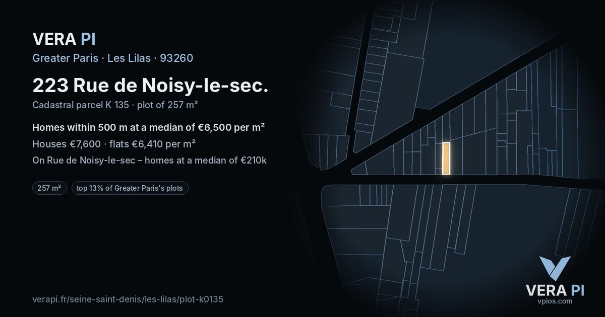 223 Rue de Noisy-le-sec, Les Lilas at night – the plot lit, the parcels around coloured by the prices near them