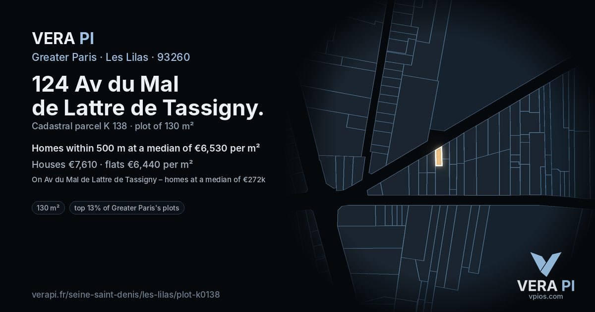 124 Av du Mal de Lattre de Tassigny, Les Lilas at night – the plot lit, the parcels around coloured by the prices near them