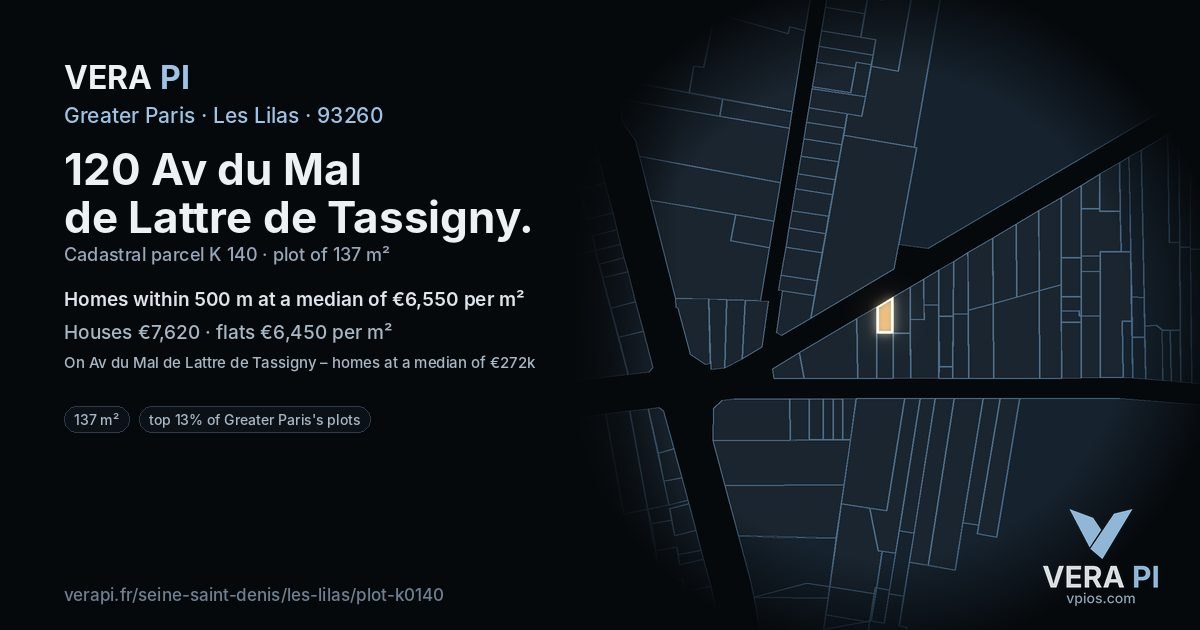 120 Av du Mal de Lattre de Tassigny, Les Lilas at night – the plot lit, the parcels around coloured by the prices near them