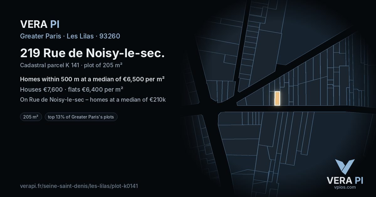 219 Rue de Noisy-le-sec, Les Lilas at night – the plot lit, the parcels around coloured by the prices near them