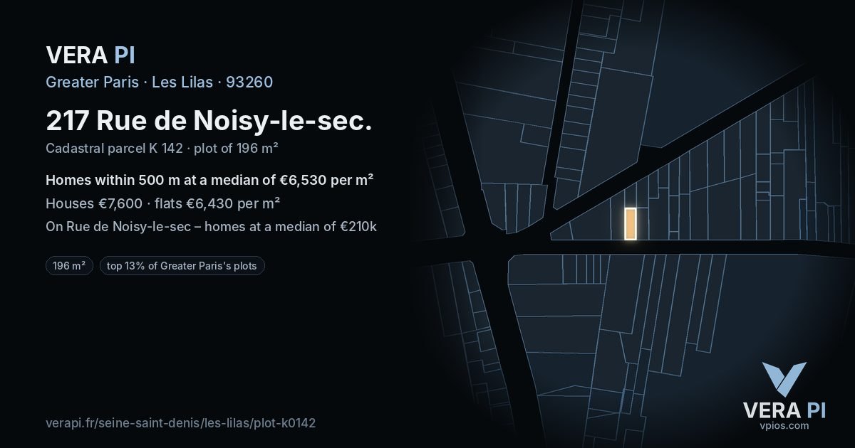 217 Rue de Noisy-le-sec, Les Lilas at night – the plot lit, the parcels around coloured by the prices near them