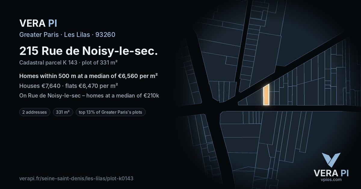 215 Rue de Noisy-le-sec, Les Lilas at night – the plot lit, the parcels around coloured by the prices near them