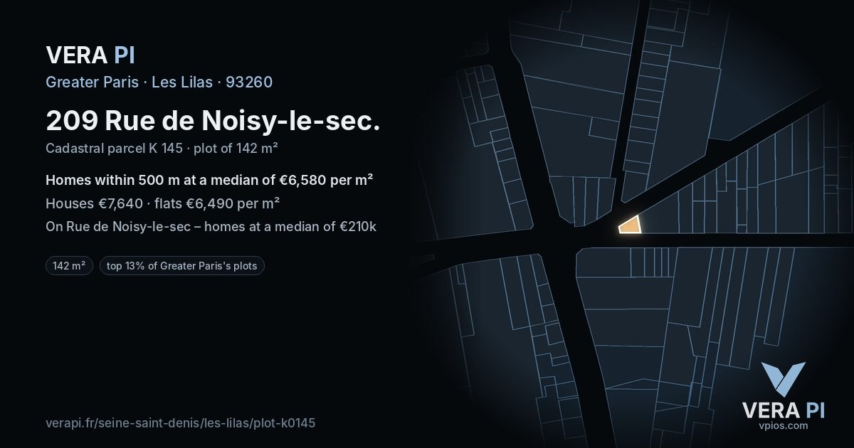 209 Rue de Noisy-le-sec, Les Lilas at night – the plot lit, the parcels around coloured by the prices near them