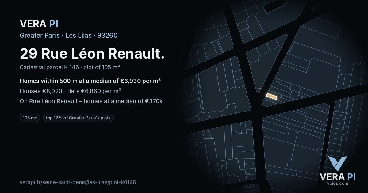 29 Rue Léon Renault, Les Lilas at night – the plot lit, the parcels around coloured by the prices near them