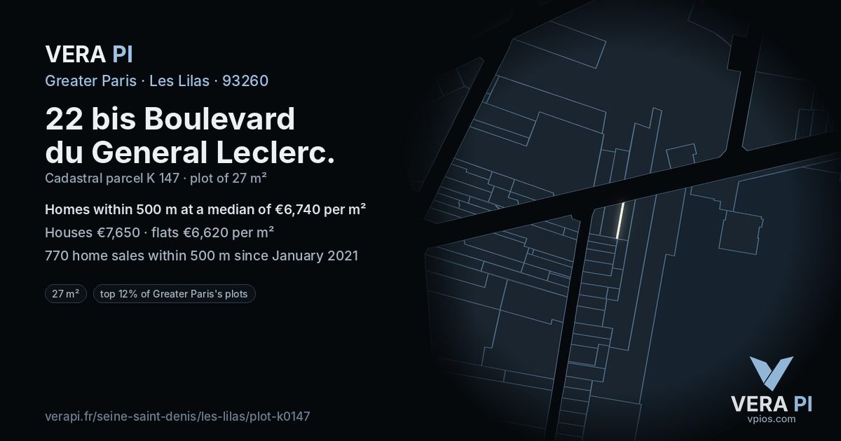 22 bis Boulevard du General Leclerc, Les Lilas at night – the plot lit, the parcels around coloured by the prices near them