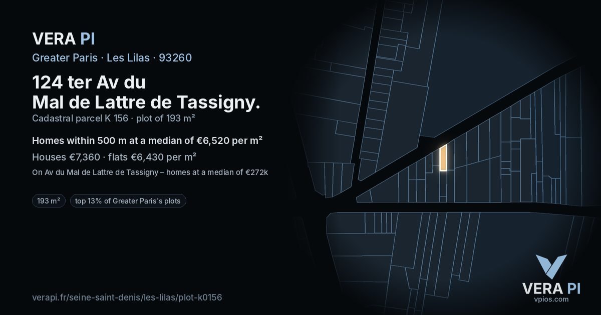 124 ter Av du Mal de Lattre de Tassigny, Les Lilas at night – the plot lit, the parcels around coloured by the prices near them