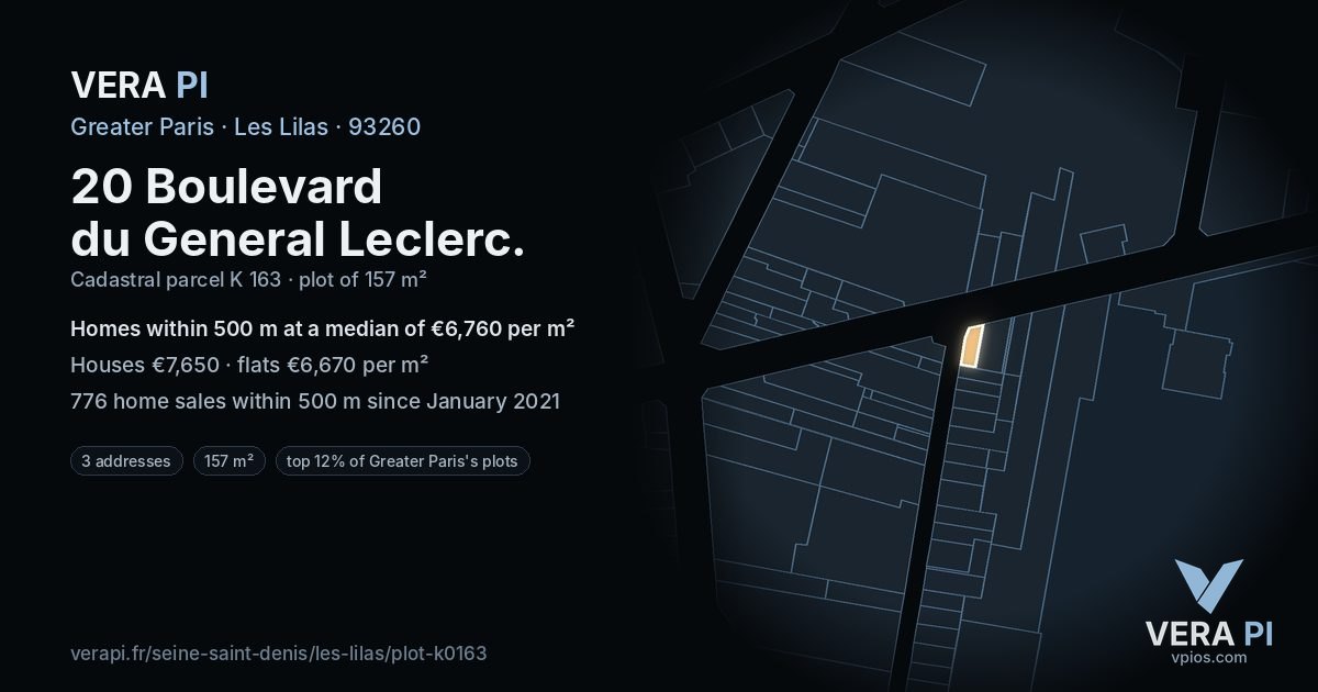 20 Boulevard du General Leclerc, Les Lilas at night – the plot lit, the parcels around coloured by the prices near them