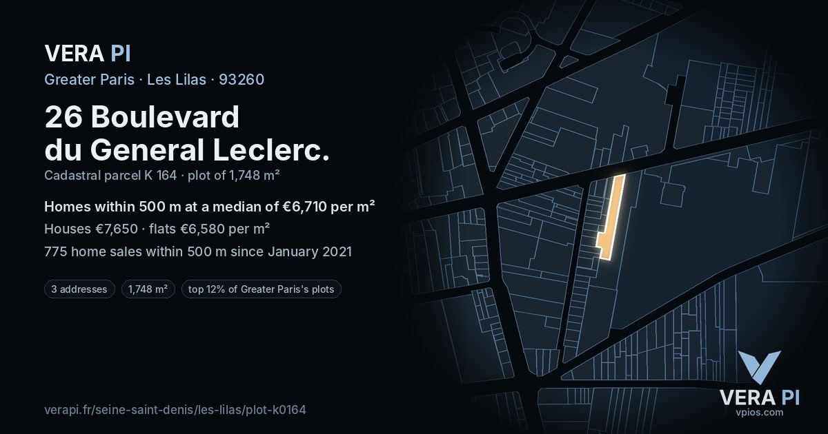 26 Boulevard du General Leclerc, Les Lilas at night – the plot lit, the parcels around coloured by the prices near them