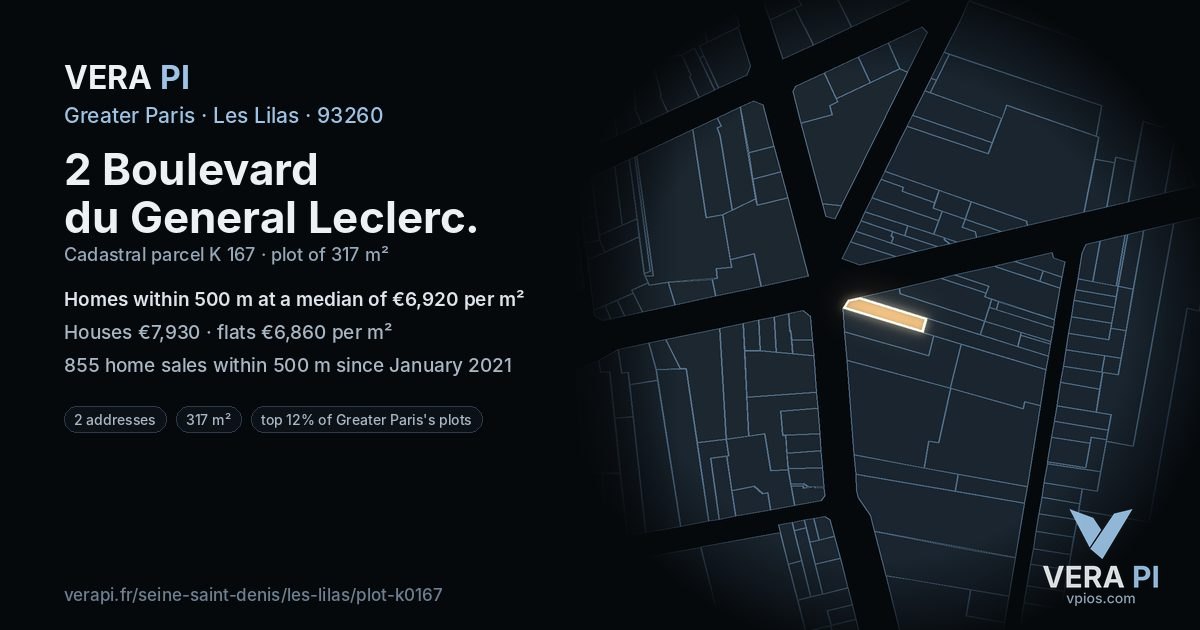 2 Boulevard du General Leclerc, Les Lilas at night – the plot lit, the parcels around coloured by the prices near them