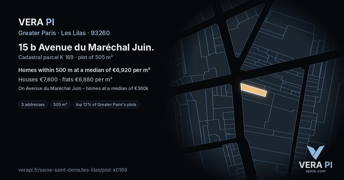 15 b Avenue du Maréchal Juin, Les Lilas at night – the plot lit, the parcels around coloured by the prices near them