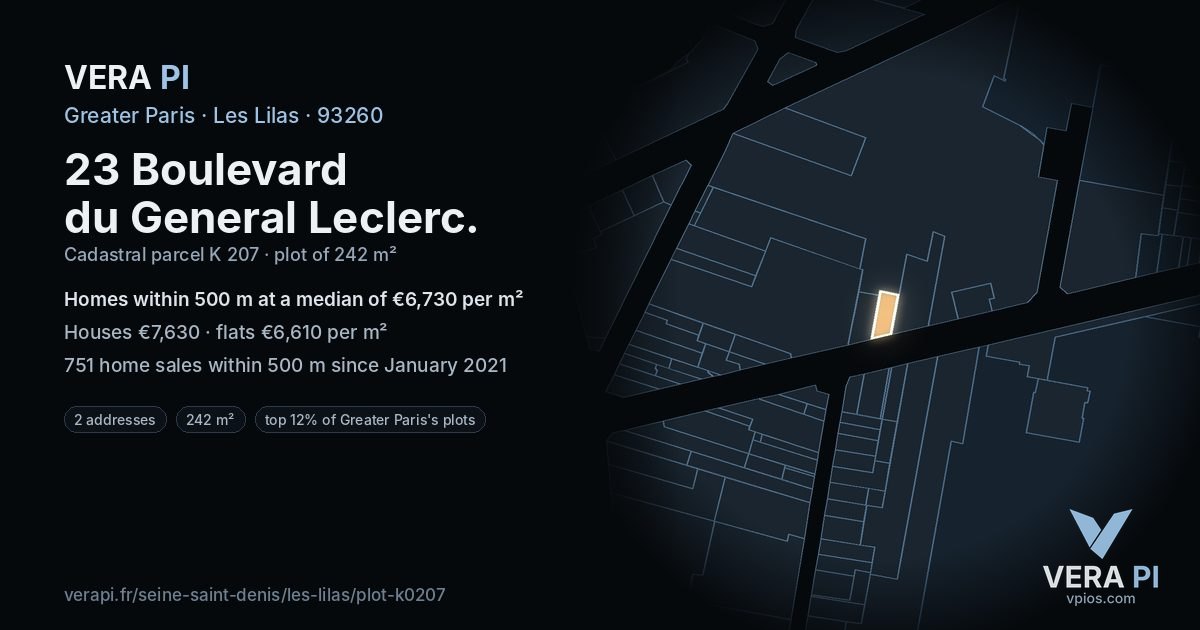 23 Boulevard du General Leclerc, Les Lilas at night – the plot lit, the parcels around coloured by the prices near them