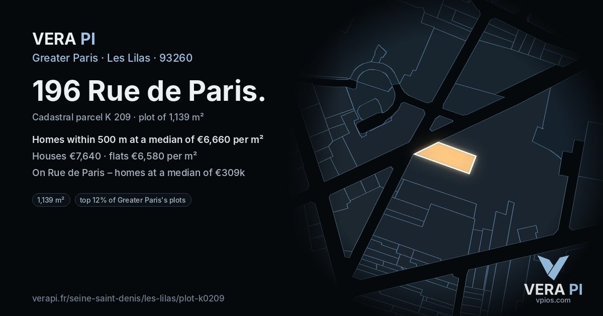 196 Rue de Paris, Les Lilas at night – the plot lit, the parcels around coloured by the prices near them