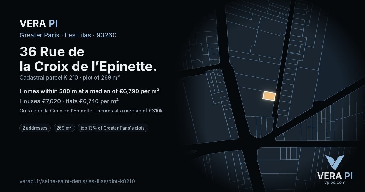 36 Rue de la Croix de l’Epinette, Les Lilas at night – the plot lit, the parcels around coloured by the prices near them