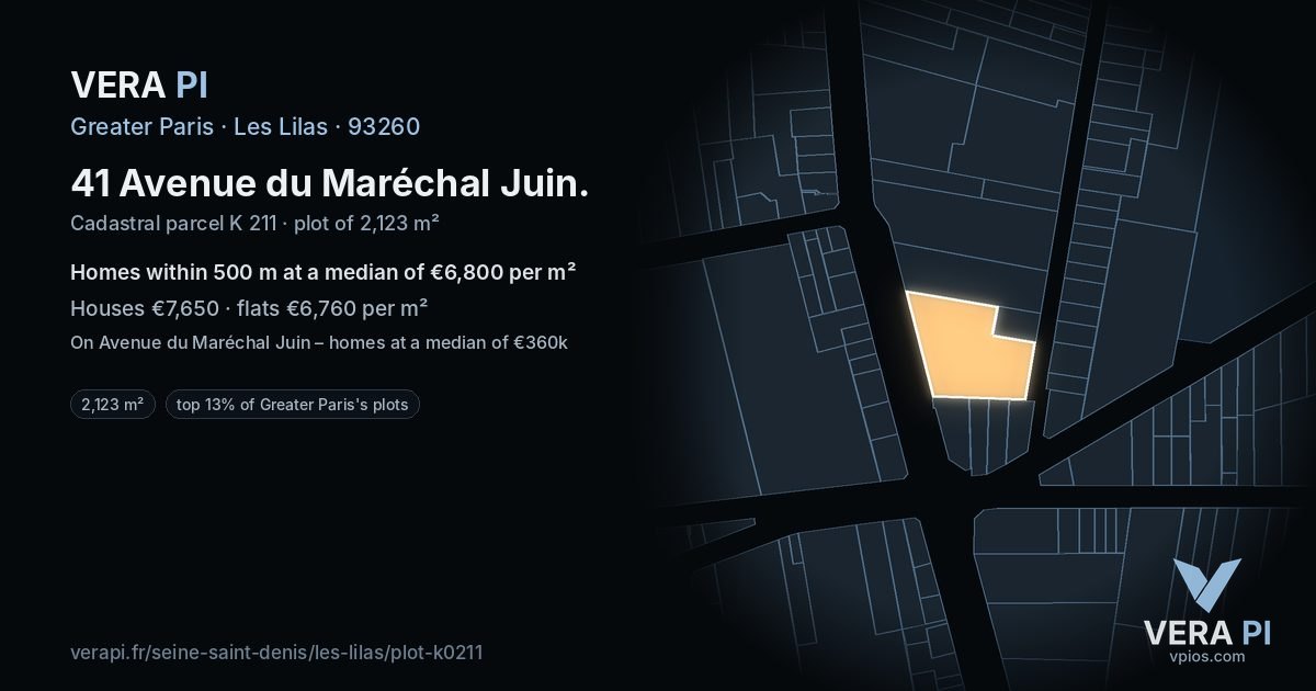 41 Avenue du Maréchal Juin, Les Lilas at night – the plot lit, the parcels around coloured by the prices near them