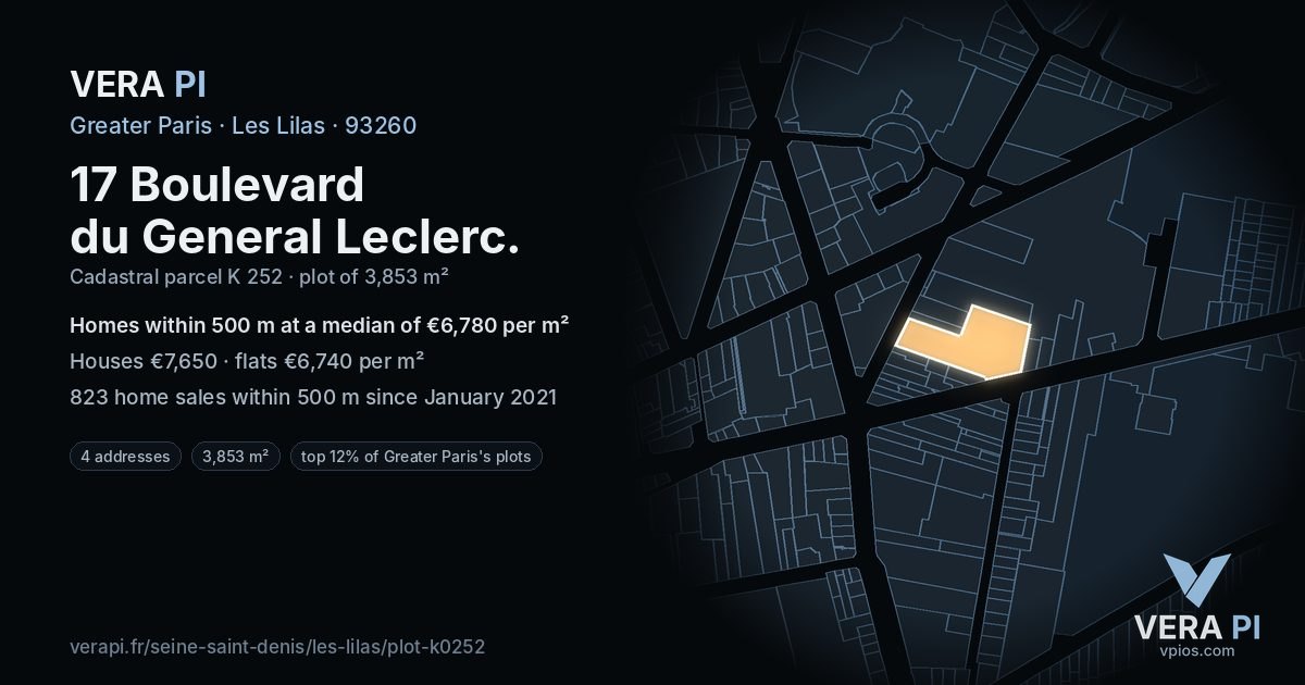 17 Boulevard du General Leclerc, Les Lilas at night – the plot lit, the parcels around coloured by the prices near them