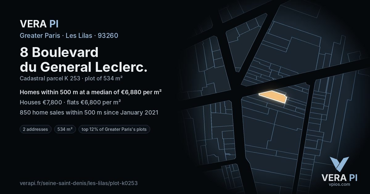 8 Boulevard du General Leclerc, Les Lilas at night – the plot lit, the parcels around coloured by the prices near them