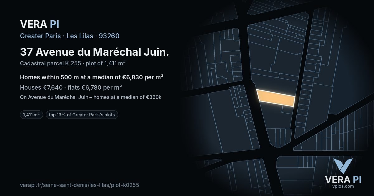 37 Avenue du Maréchal Juin, Les Lilas at night – the plot lit, the parcels around coloured by the prices near them