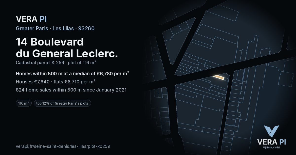 14 Boulevard du General Leclerc, Les Lilas at night – the plot lit, the parcels around coloured by the prices near them