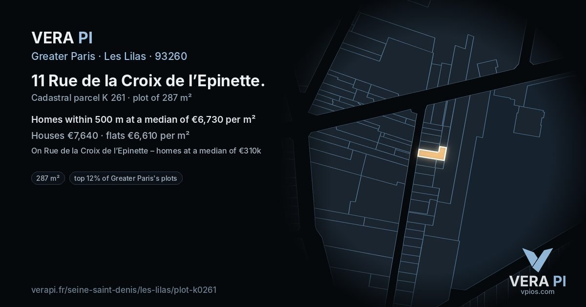 11 Rue de la Croix de l’Epinette, Les Lilas at night – the plot lit, the parcels around coloured by the prices near them