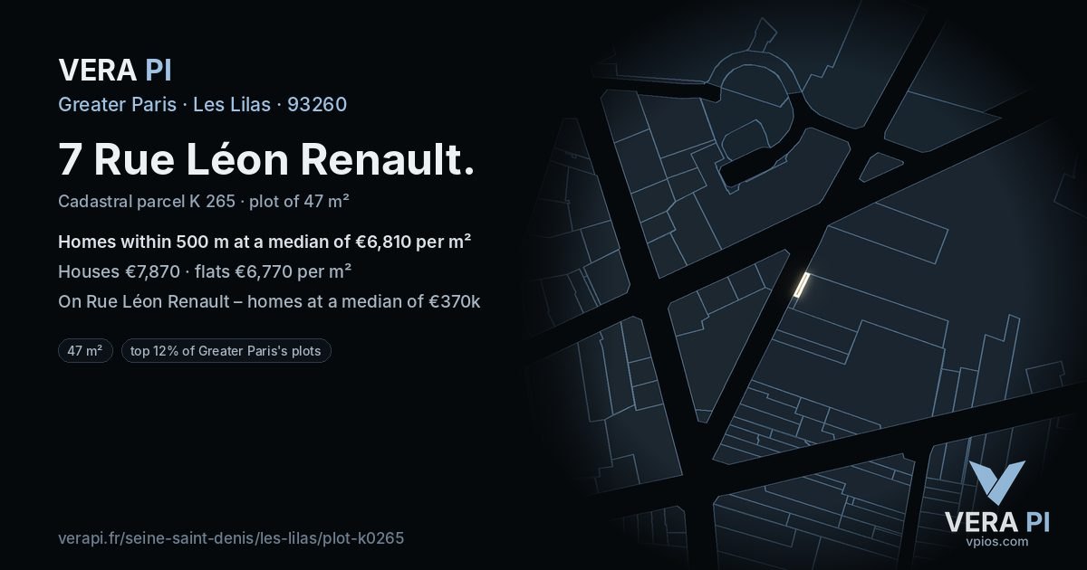 7 Rue Léon Renault, Les Lilas at night – the plot lit, the parcels around coloured by the prices near them