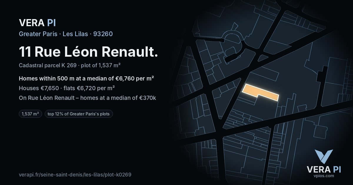 11 Rue Léon Renault, Les Lilas at night – the plot lit, the parcels around coloured by the prices near them