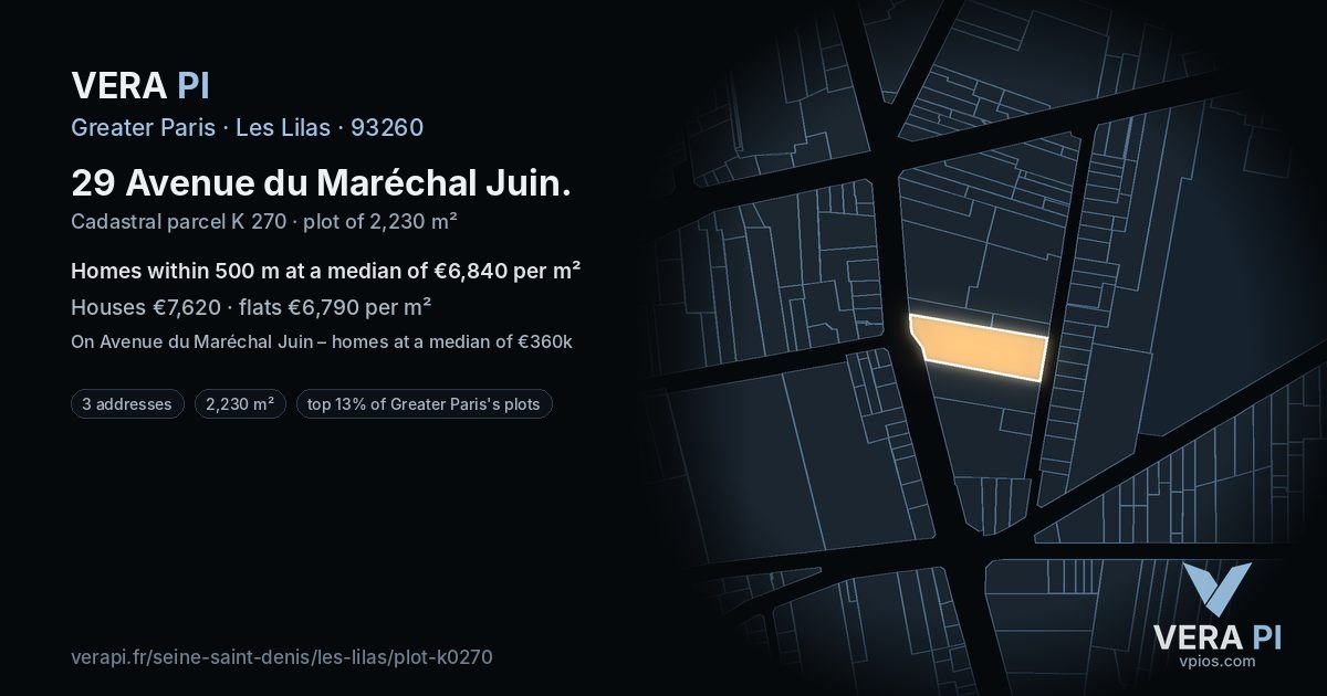 29 Avenue du Maréchal Juin, Les Lilas at night – the plot lit, the parcels around coloured by the prices near them