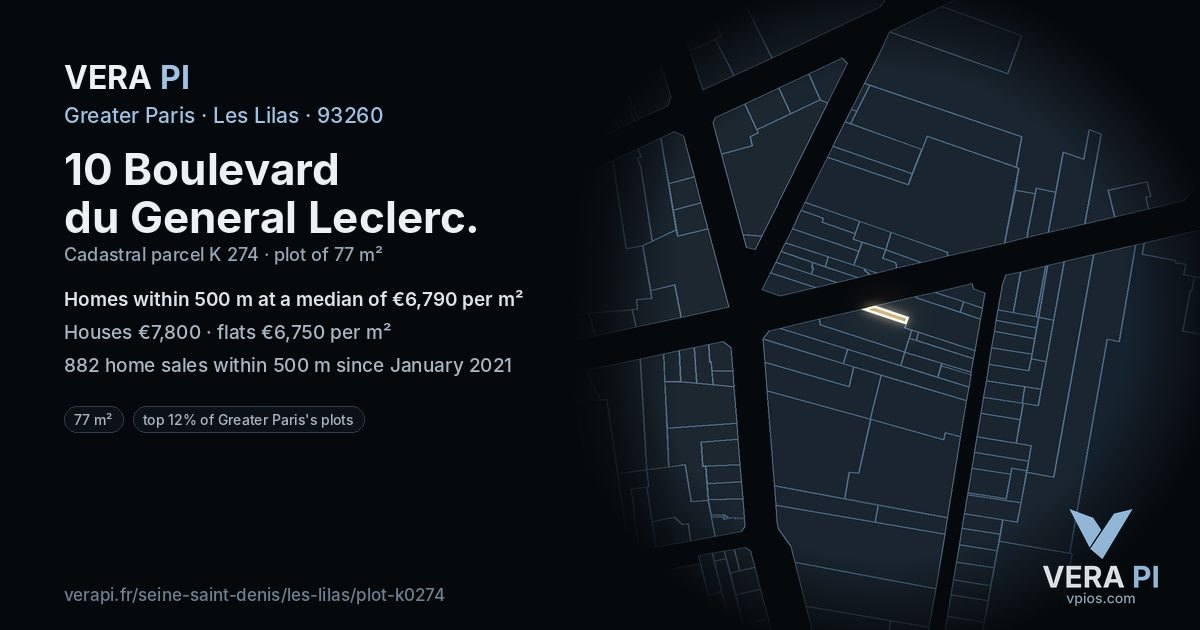 10 Boulevard du General Leclerc, Les Lilas at night – the plot lit, the parcels around coloured by the prices near them