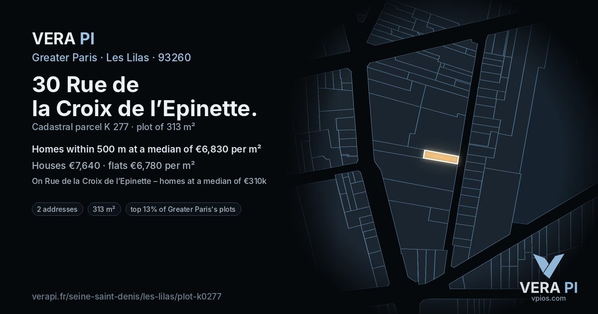 30 Rue de la Croix de l’Epinette, Les Lilas at night – the plot lit, the parcels around coloured by the prices near them