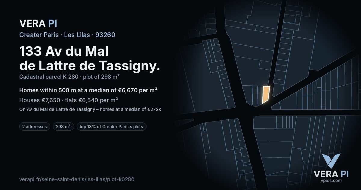 133 Av du Mal de Lattre de Tassigny, Les Lilas at night – the plot lit, the parcels around coloured by the prices near them
