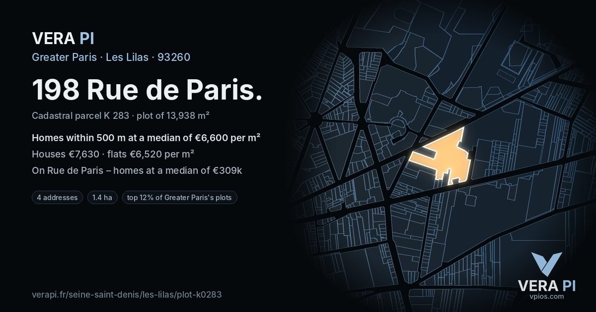 198 Rue de Paris, Les Lilas at night – the plot lit, the parcels around coloured by the prices near them