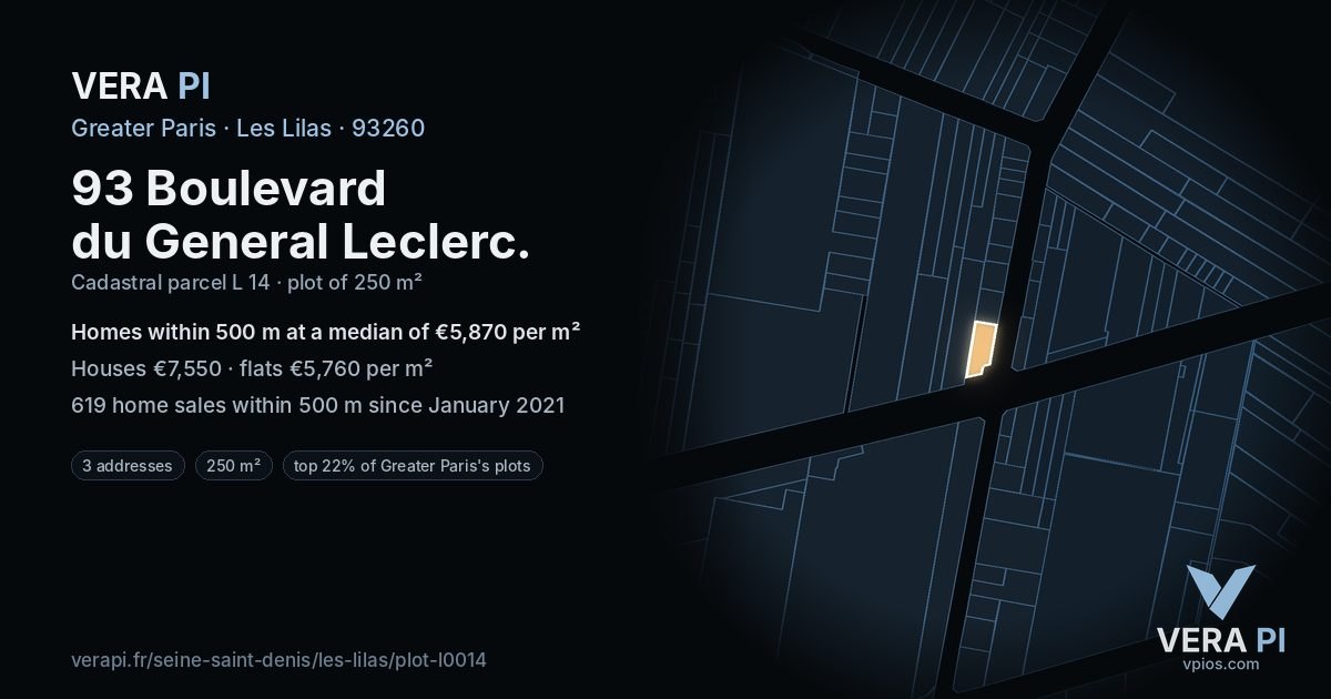 93 Boulevard du General Leclerc, Les Lilas at night – the plot lit, the parcels around coloured by the prices near them