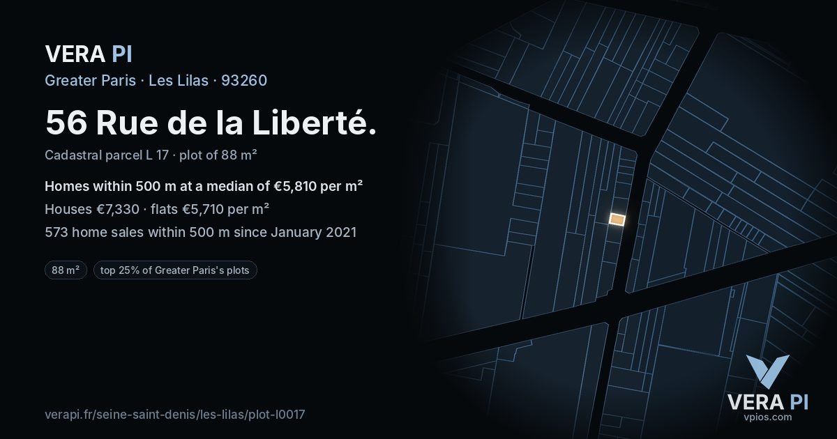56 Rue de la Liberté, Les Lilas at night – the plot lit, the parcels around coloured by the prices near them