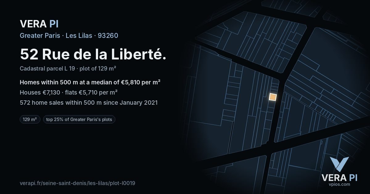 52 Rue de la Liberté, Les Lilas at night – the plot lit, the parcels around coloured by the prices near them