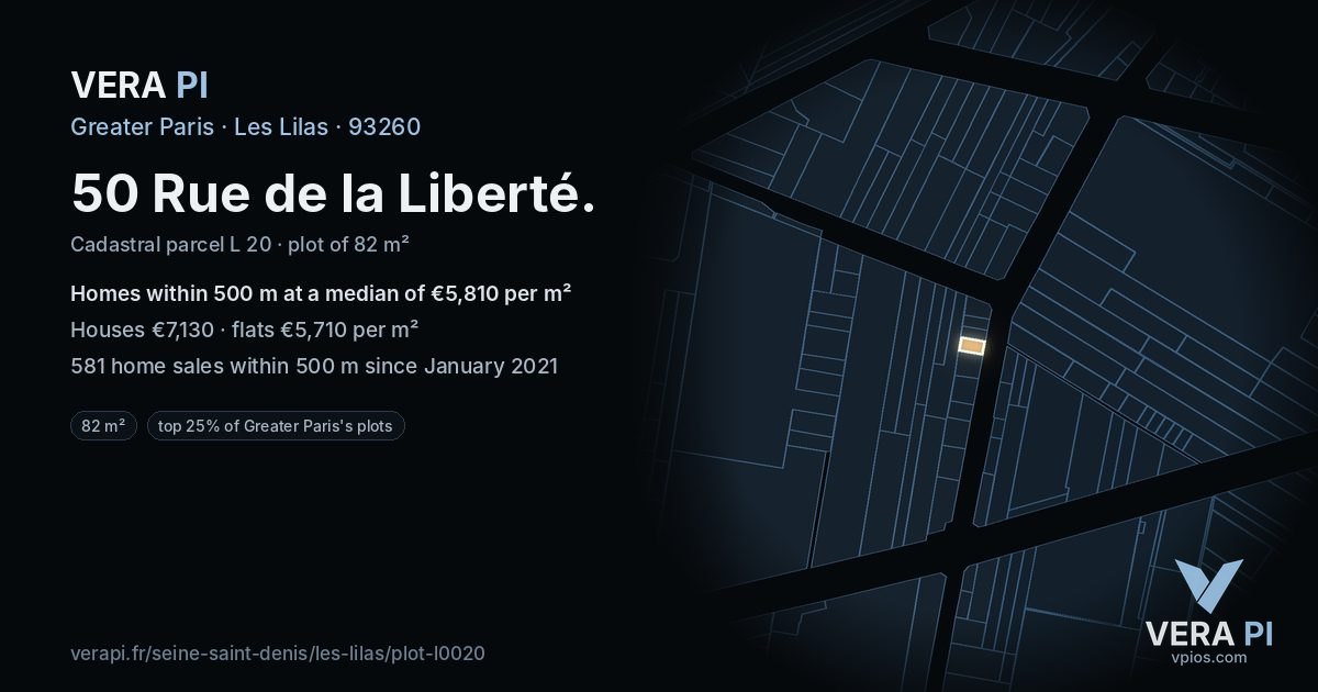 50 Rue de la Liberté, Les Lilas at night – the plot lit, the parcels around coloured by the prices near them