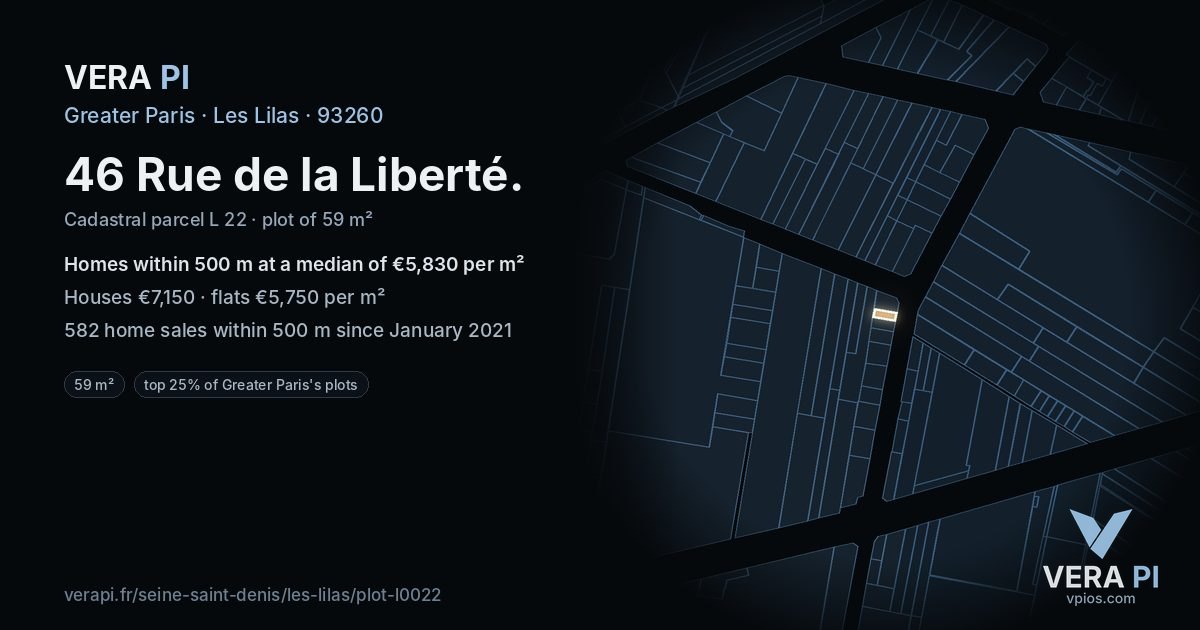 46 Rue de la Liberté, Les Lilas at night – the plot lit, the parcels around coloured by the prices near them