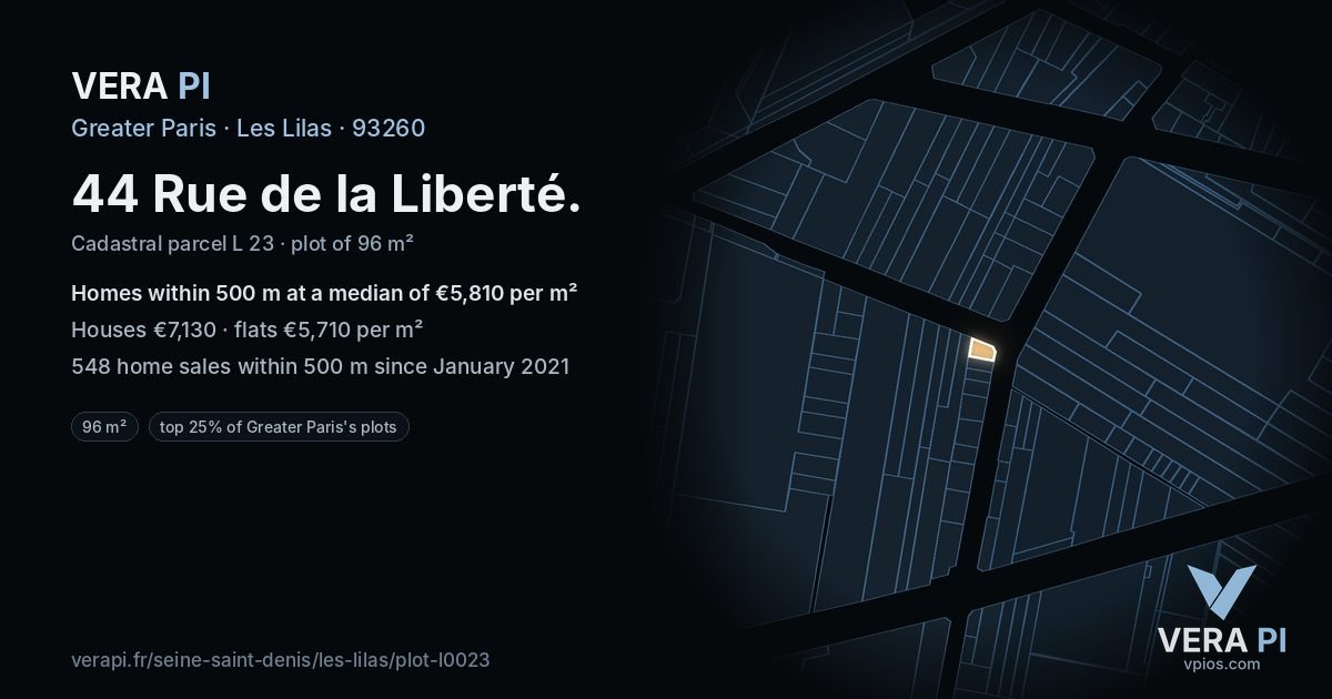44 Rue de la Liberté, Les Lilas at night – the plot lit, the parcels around coloured by the prices near them