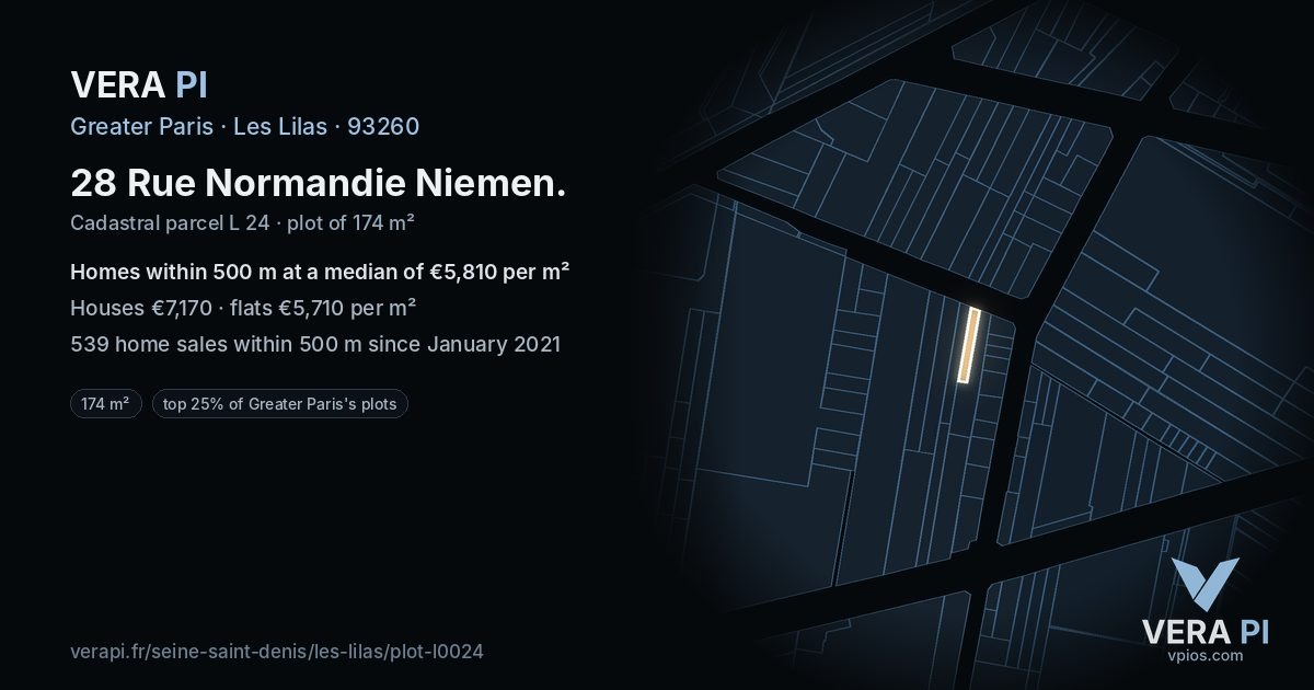 28 Rue Normandie Niemen, Les Lilas at night – the plot lit, the parcels around coloured by the prices near them