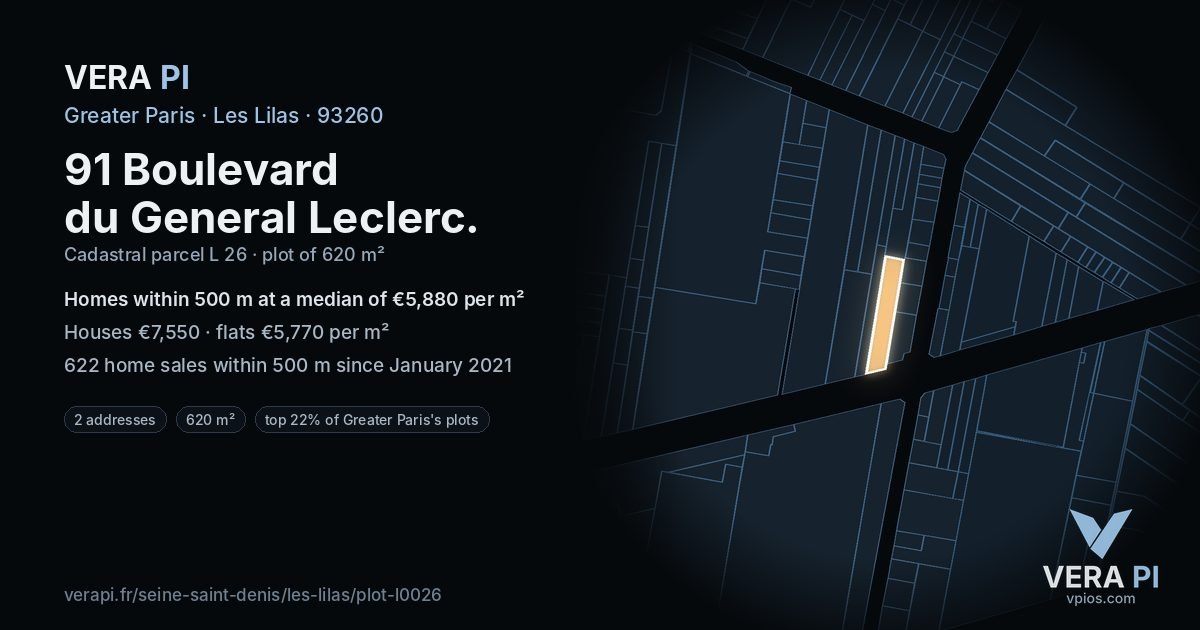 91 Boulevard du General Leclerc, Les Lilas at night – the plot lit, the parcels around coloured by the prices near them