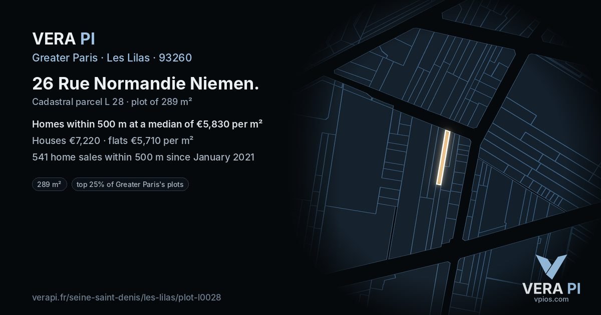 26 Rue Normandie Niemen, Les Lilas at night – the plot lit, the parcels around coloured by the prices near them