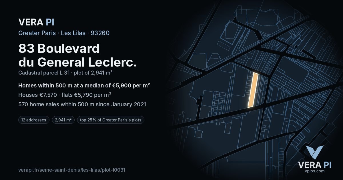 83 Boulevard du General Leclerc, Les Lilas at night – the plot lit, the parcels around coloured by the prices near them