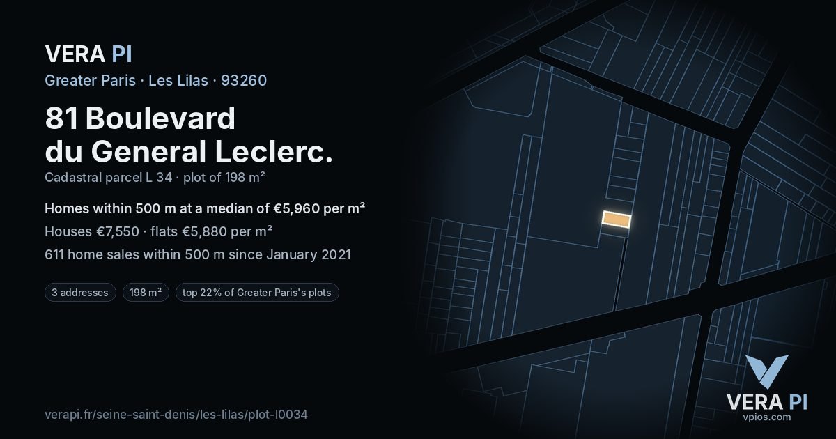 81 Boulevard du General Leclerc, Les Lilas at night – the plot lit, the parcels around coloured by the prices near them