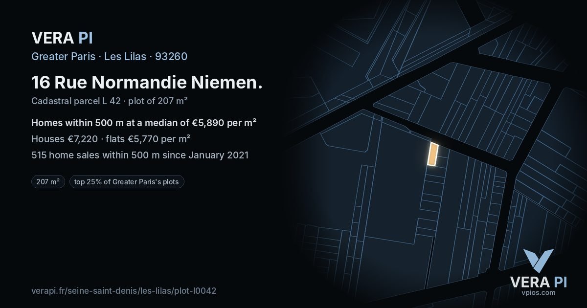 16 Rue Normandie Niemen, Les Lilas at night – the plot lit, the parcels around coloured by the prices near them